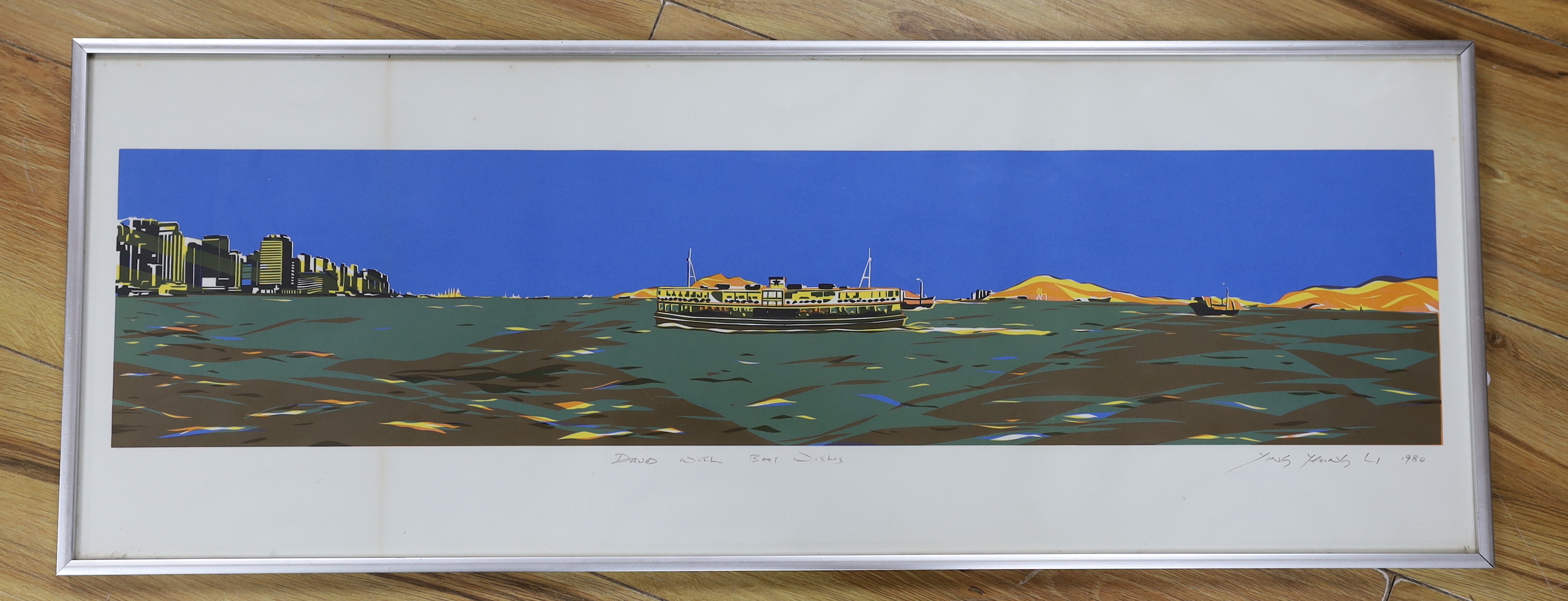 Ying Yeung Li (Chinese, b.1951), colour print, River landscape with boats, signed and dated 1980 in pencil, 76 x 27cm